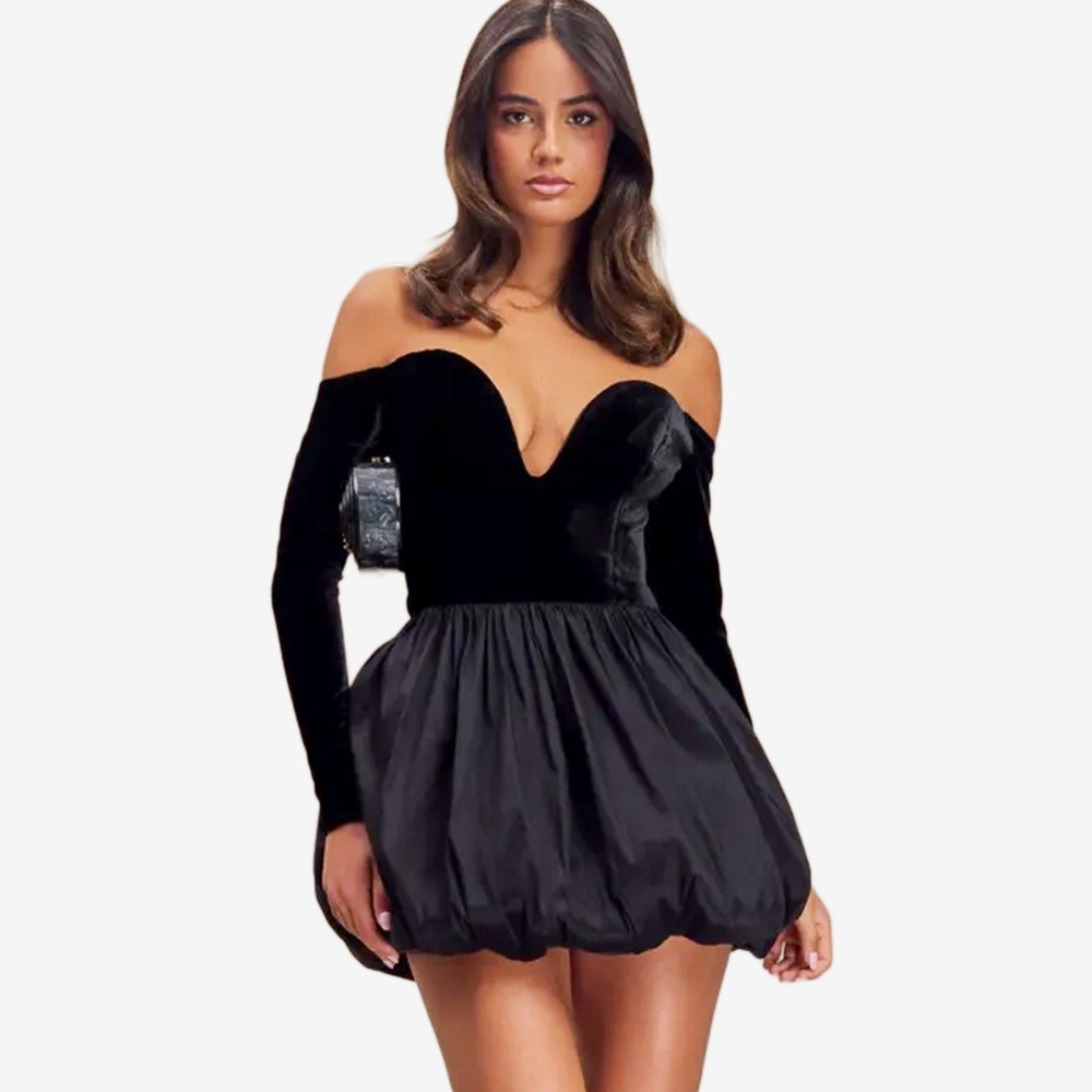 Meshki Liv Velvet Mini Dress Size XS Black Off Shoulder Bubble